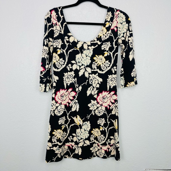 Diane Von Furstenberg Silk Black Cream Floral Bird Mini Shift Dress - Picture 6 of 6